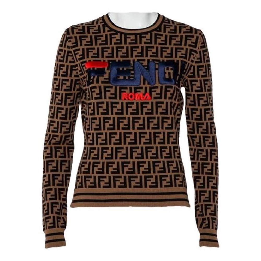 Fendi Brown & Black FF Logo Crewneck Sweater with Blue and Red Branding